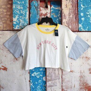 Women's Girls Hollister Tee Crop Oversized Colorblock Graphic LARGE White NEW